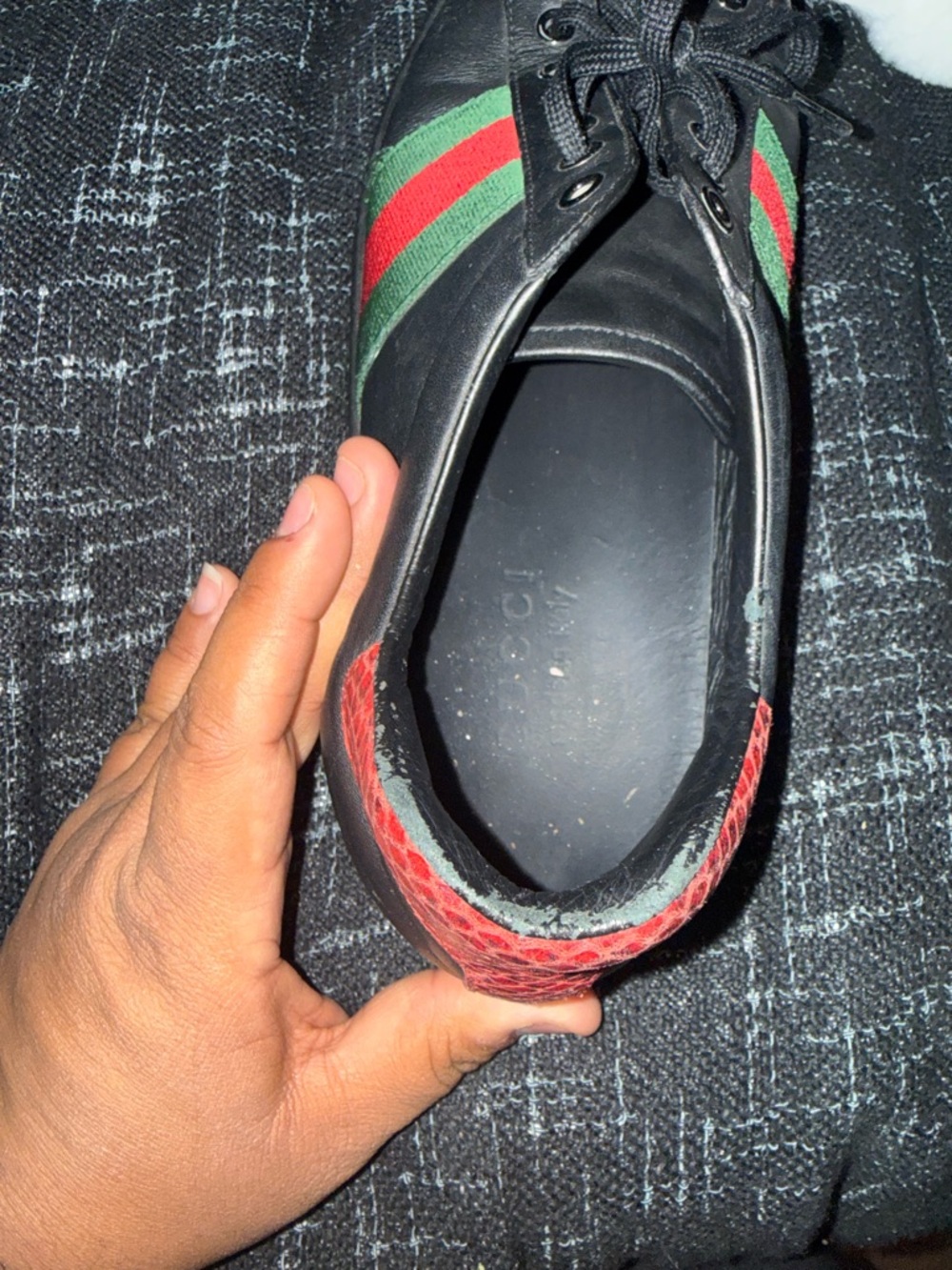 Gucci Black Leather Sneakers with Signature Green & Red Stripe - Picture 4 of 16